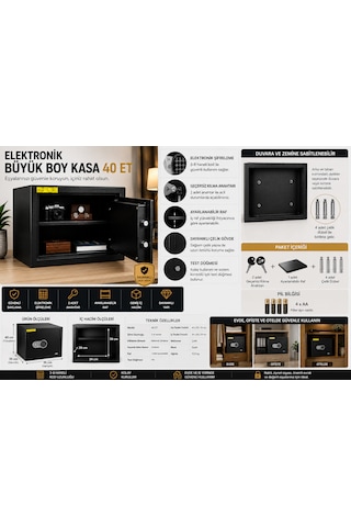 Elektronik Büyük Boy Kasa 40 Et Çelik Şifreli Kasa 40x35x35 Cm 2 Anahtar 4 Çelik Dübel