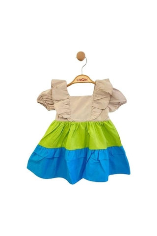Çikoby Kız Bebek Fırfırlı Dokuma Elbise-13891 Çok Renkli