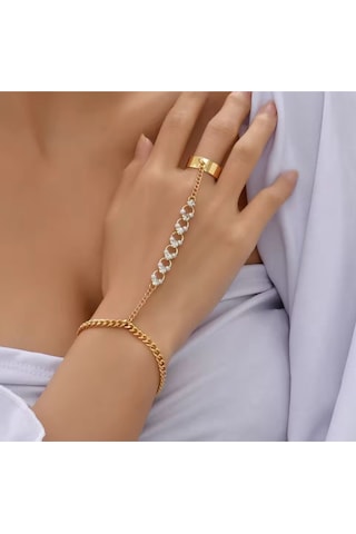 Girift Vintage Silva Gold Taşlı Zincirli Şahmeran El Takısı - El Aksesuarı Altın