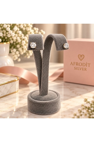 925 Ayar Gümüş 6 Mm Zirkon Taşlı Sarı Gold Kaplama Kadın Küpe Altın - Gümüş