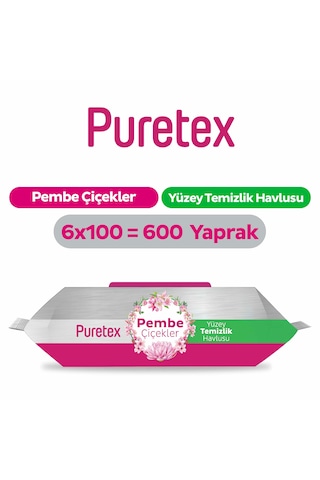 Puretex Yüzey Temizlik Havlusu Pembe Çiçekler 6x100 600 Yaprak Beyaz