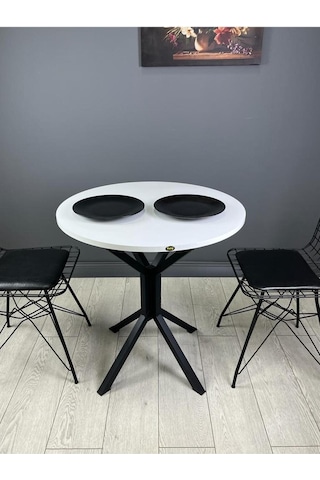 Nisa Beyaz Yuvarlak Mutfak Masası Yemek Masası Balkon Masası Metal Siyah Ayak 70 Cm
