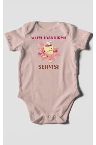 Aileyi Uyandırma Servisi Baskılı Bebek Zıbını Çıtçıtlı Body %100 Pamuk Kısa Kol Pastel Pembe
