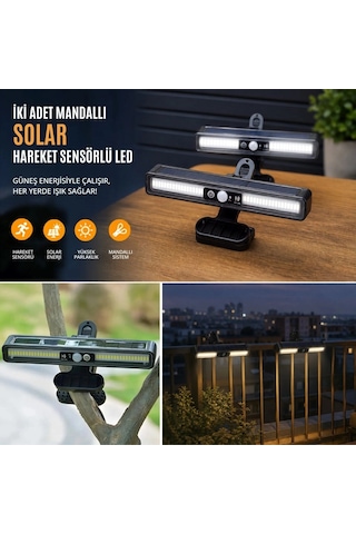 2 Adet 36 Led Mandallı Solar Lamba, Güneş Enerjili, Hareket Sensörlü, 3 Modlu, Kıskaçlı Kablosuz Dış Mekân Du Rekli