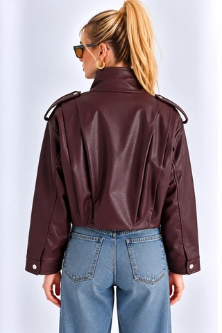 Mevese Kadın Siyah Dik Yaka Apolet Detaylı Çıtçıtlı Oversize Astarlı Suni Deri Ceket- Bordo