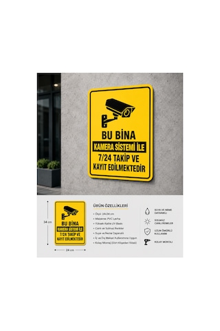 Bu Bina Kamera Sistemi İle 7/24 Takip Ve Kayıt Edilmektedir 4mm Dekota Üzeri Folyo Tabela Levhası 24x34cm Sarı