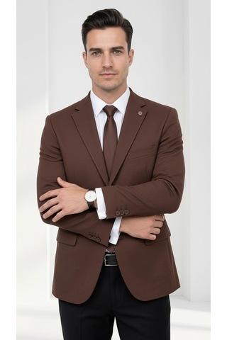 Plus Scorpion Ck 142 Slim Fit Mikro Desenli Erkek Ceket Yazlık Pike Kumaş Çift Yırtmaç Blazer Kahverengi