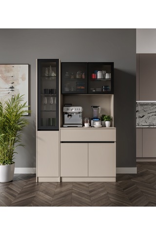 Viona Kum Beji Midi Sol Vitrinli Komple Mdf Led Aydınlatmalı Kahve Köşesi Bej
