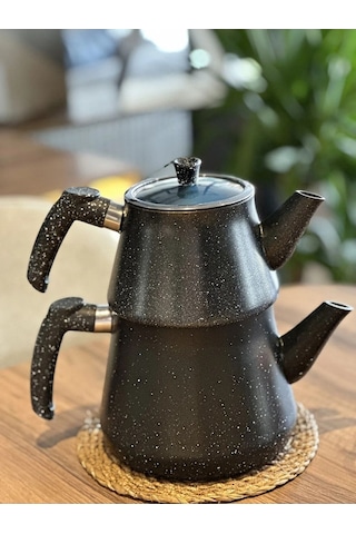 Yunusoğlu Home Granit Kaplama Pramit Cam Kapaklı Çaydanlık Siyah Siyah