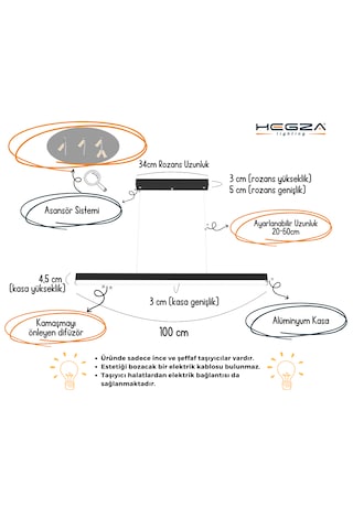Magro 100cm Siyah Kasa, Sarı Işık Modern Sarkıt Led Avize Siyah