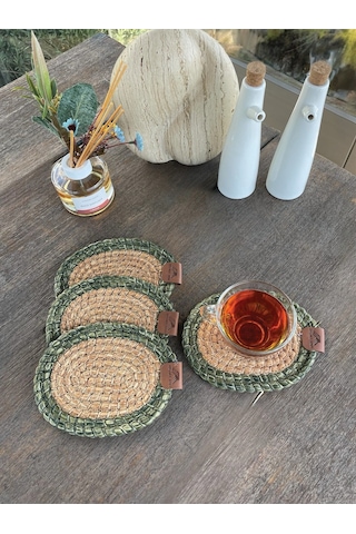4 Adet Oval Dekoratif Bardak Altlığı Seti - Yuvarlak , Leke Tutmaz - Naturel-yeşil 13x17 Cm Yeşil
