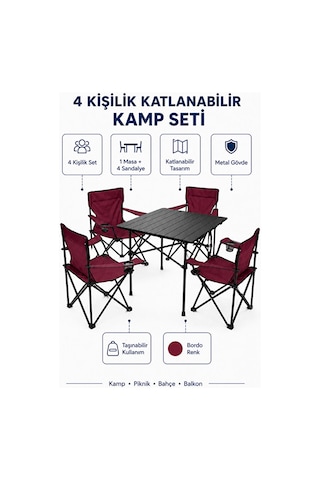 Trendinyeri 4 Kişilik Katlanır Kamp Masa Sandalye Seti Piknik, Bahçe Ve Plaj Kullanımına Uygun Bordo