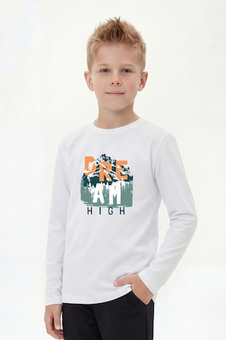 Panios Kids Yuvarlak Yaka Uzun Kollu Baskı Detaylı Erkek Çocuk Sweatshirt Beyaz