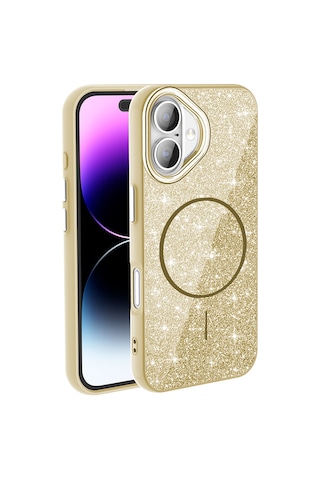 Apple Uyumlu iPhone 17 Kılıf M-safe Şarj Özellikli Parlayan Simli Okso Kılıf Gold