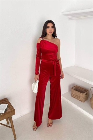 Neşeli Butik Kadın Kırmızı Kuşaklı Tek Omuz Kadife Kumaş Tulum Nbk068 Kırmızı