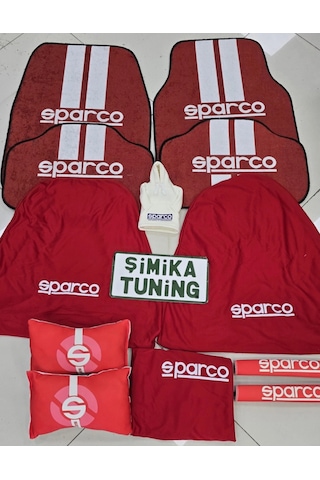 Sparco Kırmızı Dekor Halı Paspas Ve Servis Kılıfı /2li Boyun Yastığı Ve 2li Kemer Kılıfı Vites Polar