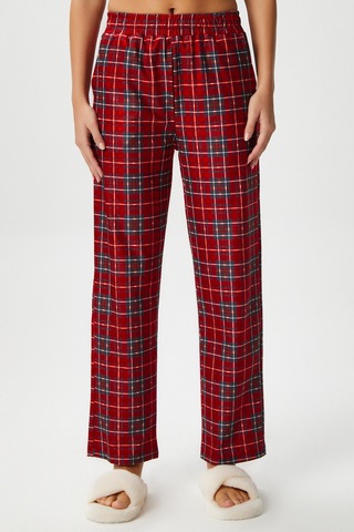 Ritnice Kadın Teddi Ultra Yumuşak Cepli Kırmızı Ekose Desen Yılbaşı Pijama Altı Koyukırmızı Koyu Kırmızı