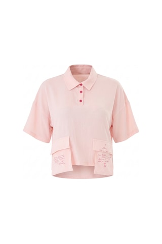Sortie Collection Polo Yaka Yazı Baskılı Cep Detaylı Crop Bluz Pudra