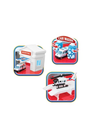 İki Katlı Hastane Garaj Seti - Otopark Seti - Araba Seti - Doktor Oyuncak - İki Katlı Garaj