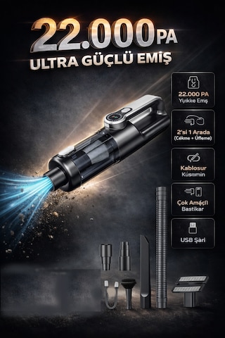 22.000 Pa Kablosuz Mini El Süpürgesi Çekme & Üfleme Usb Şarjlı, Çok Amaçlı Başlıklı Siyah Gri