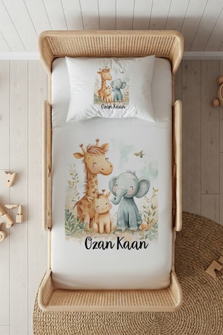 %100 Pamuk Saten İsme Özel İsimli 100x200 Tek Kişilik Lastikli Çarşaf Seti Safari Beyaz