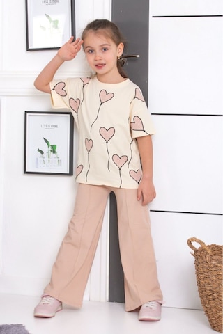 Tunays Shopping İspanyol Paça Tayt Pantolon Kalp Baskılı Oversize Tshirt Kız Çocuk Alt Üst Takım Bej