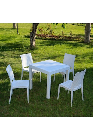 Rattan 80x80 Camsız Beyaz Masa / 4 Adet Rattan Kolsuz Sandalye Takımı Beyaz