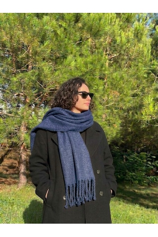 Yusan Tekstil Püsküllü Düz Renk Atkı-kışlık Yumuşak Dokulu Atkı İndigo