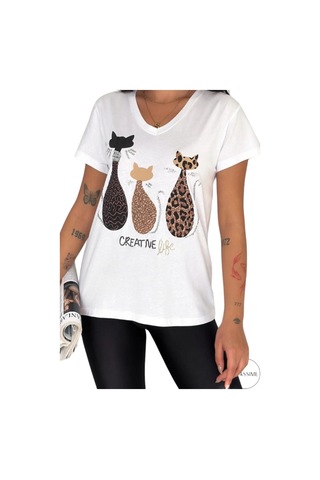Cassime Kadın Beyaz V Yaka Kedi Leopar Pul Payet İşlemeli %100 Pamuk Tişört Büyük Beden Xl-2xl-3xl