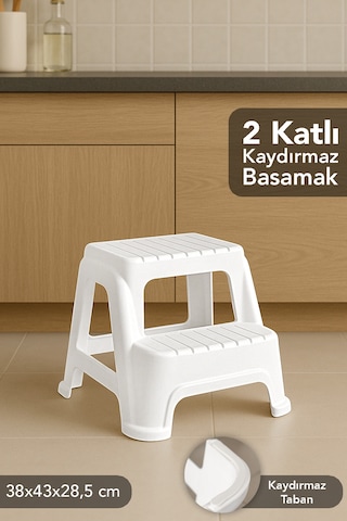 2 Basamaklı Merdiven Tabure - Kaydırmaz Tabanlı Çok Amaçlı Basamak Tabure Beyaz