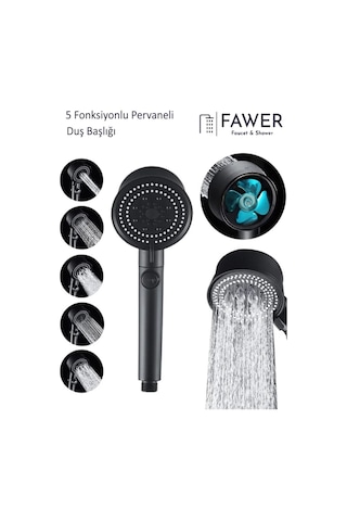 Siyah Turbo 5 Fonksiyonlu Pervaneli Mafsallı Duş Seti Duş Başlığı Siyah