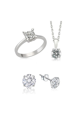 Takı Dükkanı Tek Taş Gümüş Kolye Küpe Ve Yüzük Seti Ags02 Gümüş