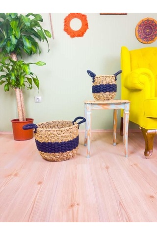 Bitki Tasarımı Düzenleyici Kulplu Siyah Şeritli Doğal Örgü Sepet İkili Set Büyük-küçük