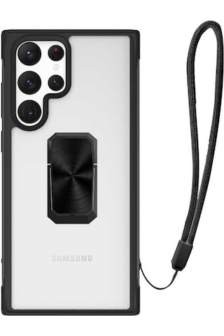 Samsung Uyumlu Galaxy S22 Ultra Kılıf Şeffaf Yüzüklü Standlı Ipli Kapak