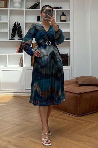 Madmext Mavi V Yaka Beli Lastikli Desenli Şifon Elbise Mg2225 Mavi