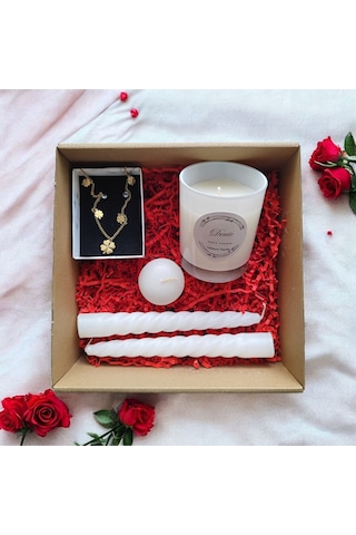 Denic Hediye Seti Kokulu Beyaz Bardak Mum Yonca Kolye Burgulu Mum Yüzen Mum