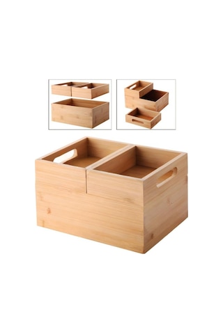3'lü Modüler Bambu Organizer Set - Üst Üste Geçebilen Çok Amaçlı Çekmece İçi Ve Masaüstü Düzenleyici Kutu Genel