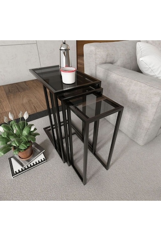 Rozy Camlı Üçlü Zigon Sehpa Siyah