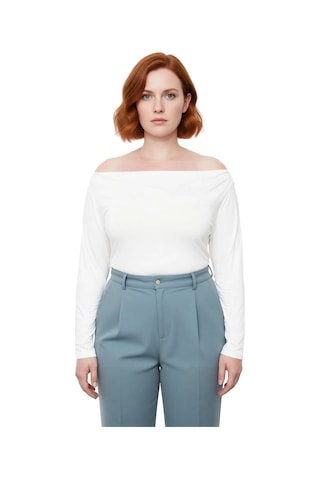 Ersefa Moda Büyük Beden Carmen Yaka Örme Fit Düz Desen Casual Günlük Reg Ekru