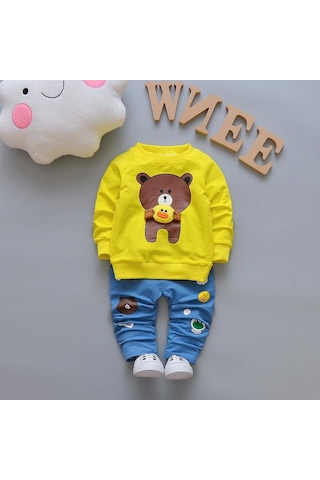 Sarı Çocuk Sonbahar Karikatür Ayı Kucaklama Küçük Sarı Ördek Seti Yeni Rahat Kore Versiyonu Çocuk Erkek Ve Kız Pamuk Iki Parçalı Sarı