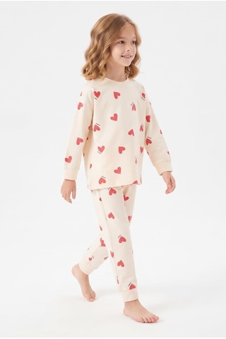 Bunny Hopp %100 Pamuk Süprem Kız Çocuk Pijama Takımı Krem Kırmızı Kalp Desenli Penye Uyku Seti