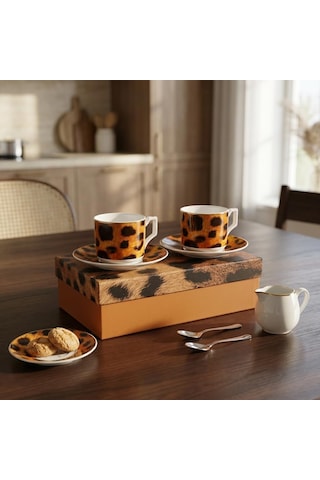 Tr 2'li Porselen Kahve Fincanı Takımı - 100 Cc Leopar Desenli Altın Yaldızlı Premium Türk Kahvesi Ve Espresso Fin Diğer