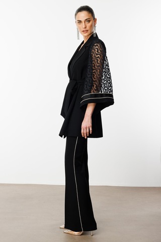 Moda İlgi Kadın Evaze Kol Şerit Taş Aksesuarlı Uzun Ceket 0027 Siyah Siyah