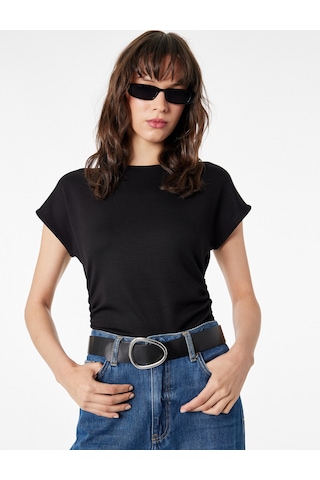 Koton Slim Fit Kısa Kollu Bisiklet Yaka Büzgülü Tişört Siyah 6sal10637ık