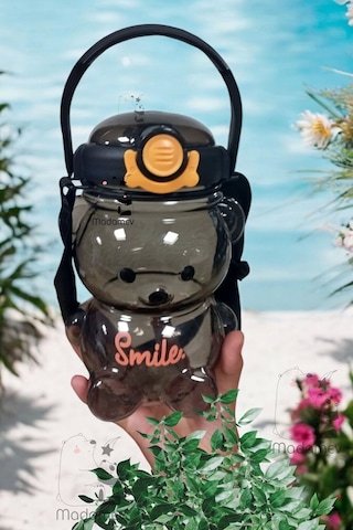 Şeffaf Smile Ayıcık Black Su Matarası 1000ml Askılı Çocuk Su Şişesi Pipetli Sızdırmaz Kokusuz Suluk Diğer