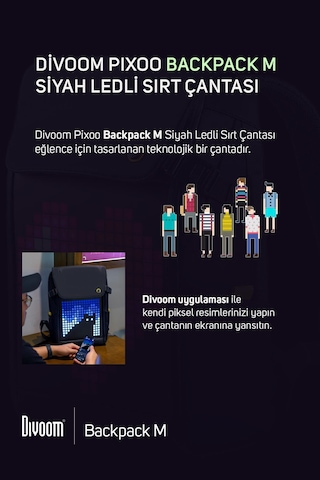 Divoom Pixoo Backpack M Siyah LED Ekranlı APP Kontrollü Su Geçirmez Laptop Sırt Çantası-15-15.6" Siyah