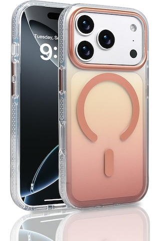 Apple Uyumlu iPhone 17 Pro Kılıf M-safe Şarj Özellikli Transparan Renk Geçişli Zore Toros Kapak Rose Gold