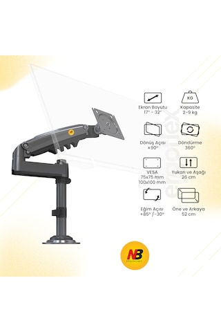 Monitör Standı North Bayou H100 2026 Yeni Model Amortisörlü Tekli Monitör Standı Gri 17-32 Inç - 2-9 Kg