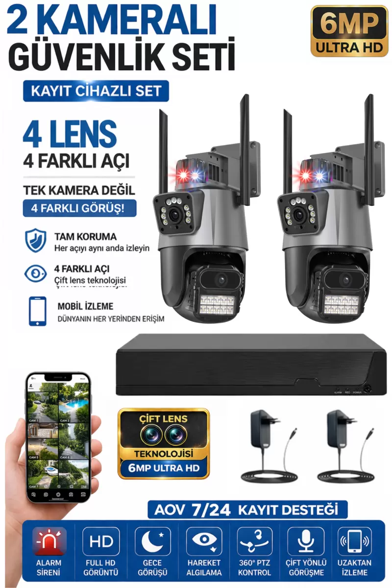Xpro 2 Kamera 4 Lens Kablosuz Wifi Güvenlik Kamerası Seti Nvr Kayıt Cihazı Gece Görüşlü Ip Kamera Seti 92601402