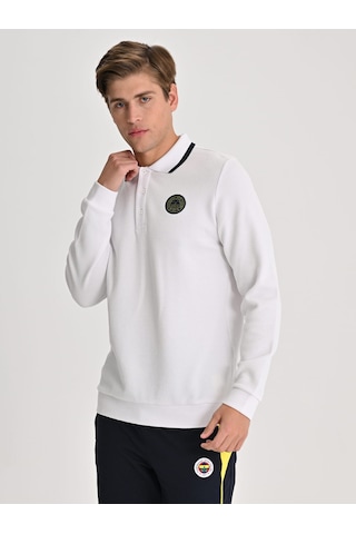 Fenerbahçe Beyaz Tribün Tek Renk Logolu Uzun Kollu Erkek Polo Tshirt